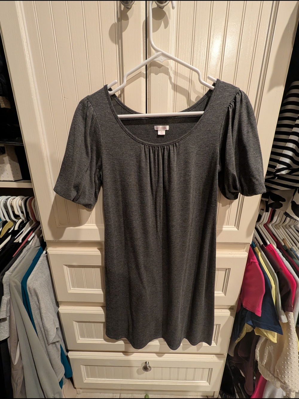Women's Scoop Neck Puff Sleeve Tunic Dress - Dark Gray